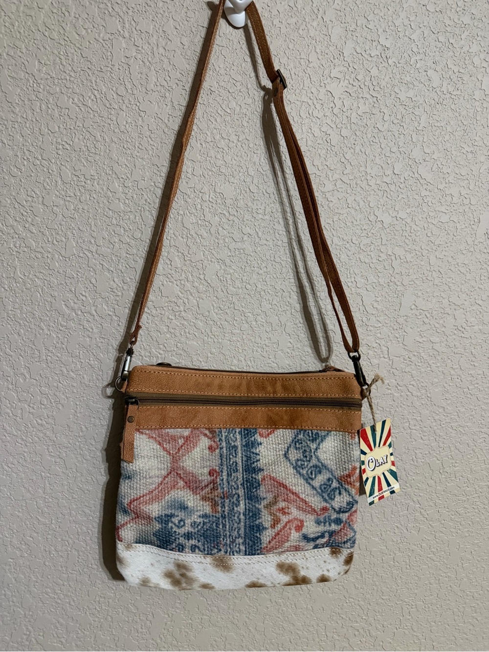 Olay Western Crossbody Bag in Tan and Multi-Color w/ tan & white cowhide trim